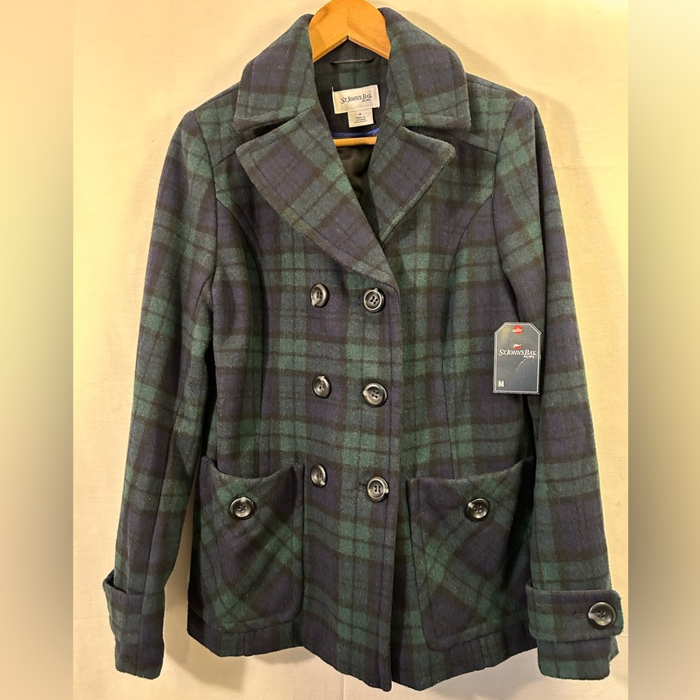 St John’s Bay Blk Watch Plaid Wool Blend Pea Coat Size Medium